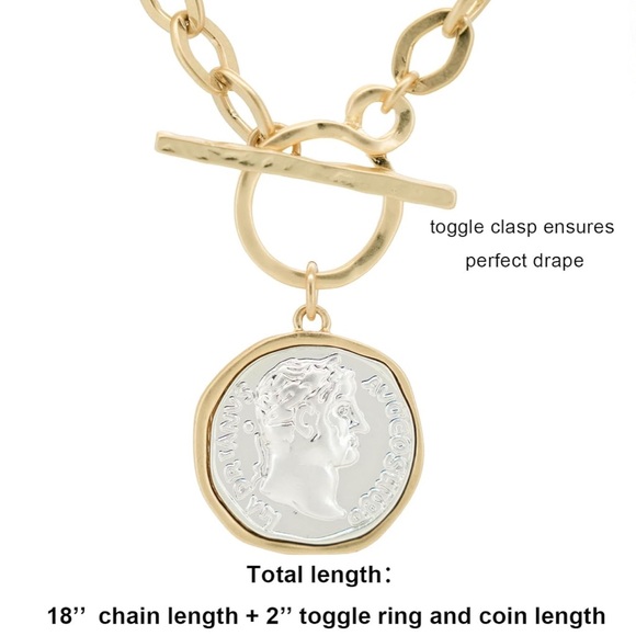 NEW 14k Gold Plated Thick Link Chain Coin Pendant Necklace - Picture 3 of 4